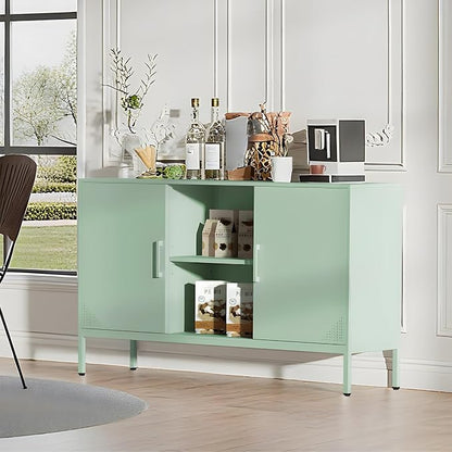 Steehoom Metal TV Stand for 65 Inch TV, Metal Storage Cabinet Sideboard Buffet Cabinet Coffee Bar 2 Door Locker Pantry for Office Home Kitchen (Green, 47.24" D x 13.78" W x 29.53" H)