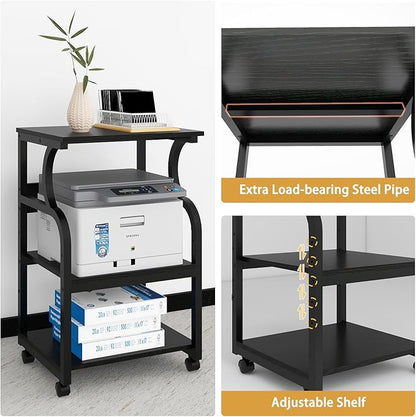 Natwind 3 Tier Printer Stand,Rolling Printer Table with Adjustable Storage Shelf for Home Office Organization,Multifunctional Shelves for Heat Press,3D Printer (Black)
