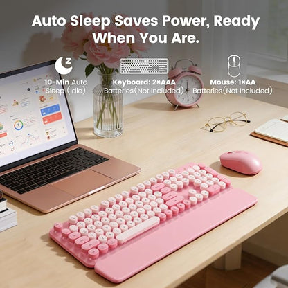 Wireless Keyboard and Mouse Combo with Magnetic Wrist Rest, Round Keycaps, Full-Size Retro Typewriter-Style, Two-Stage Tilt Legs, Auto-Sleep, 2.4G Wireless for Windows Mac Laptop PC, Soft Blush Pink