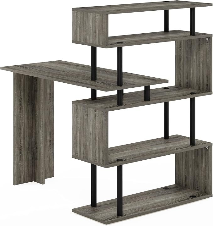 Furinno Classic Desk, 40" Wide L-Shape Gaming Desk, Computer Desk, Writing Desk with 5-Tier S-Shaped Side Shelves for Home Office, Study Room, Dorm, Bedroom, French Oak
