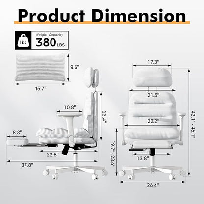 GXJ Criss Cross Legged Office Chair with Flip-up Arms, Footrest, G800 Plus | 6.3" Cushion Relieves Tailbone Pain, Head-Lumbar Support Eases Fatigue, Smooth Rolling Wheels, Corduroy Desk Seating, White