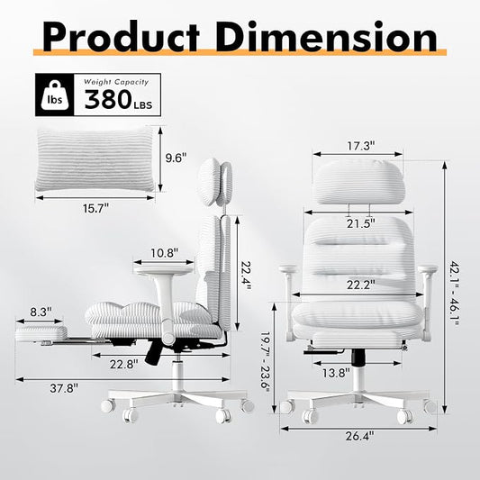 GXJ Criss Cross Legged Office Chair with Flip-up Arms, Footrest, G800 Plus | 6.3" Cushion Relieves Tailbone Pain, Head-Lumbar Support Eases Fatigue, Smooth Rolling Wheels, Corduroy Desk Seating, White