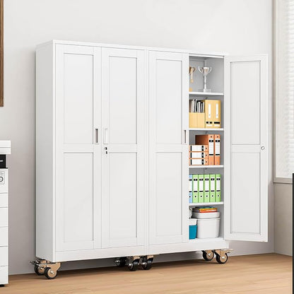 pozdeg 71" Metal Garage Storage Cabinets with Wheels, Lockable Rolling File Cabinets with 2 Doors and 4 Adjustable Shelves, Steel Tool Organizer Locker for Office Home Garage Gym School, White