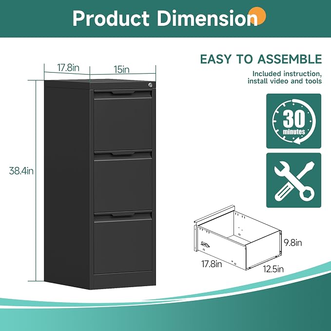 3 Drawer File Cabinet with Lock for Home Office | Small Metal Filing Cabinet, Under Desk, Vertical Organizer, Legal/Letter Size File, Easy Assembly