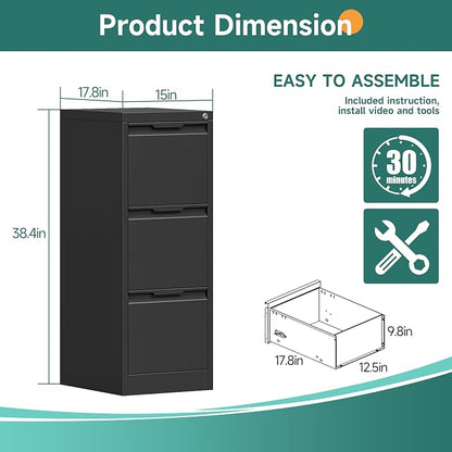 3 Drawer File Cabinet with Lock for Home Office | Small Metal Filing Cabinet, Under Desk, Vertical Organizer, Legal/Letter Size File, Easy Assembly