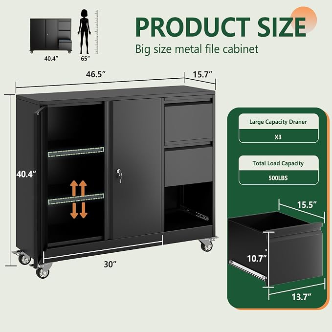 winiowa Mobile 3-Drawer File Cabinet with Wheel, Metal Lateral Rolling Printer Stand Filing Cabinets with Lock, Office Storage Cabinet for Office, Home, Garage, School, Gym-Black