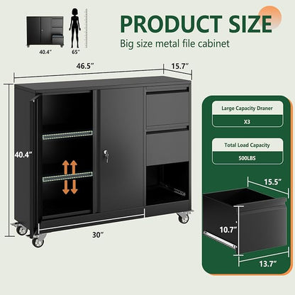 winiowa Mobile 3-Drawer File Cabinet with Wheel, Metal Lateral Rolling Printer Stand Filing Cabinets with Lock, Office Storage Cabinet for Office, Home, Garage, School, Gym-Black