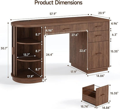 ONBRILL 58 Inch Fluted Executive Desk, Computer Desk with Storage Drawers & File Drawer, Modern Home Office Desk with Charging Station for Working, Studying, Writing, Walnut