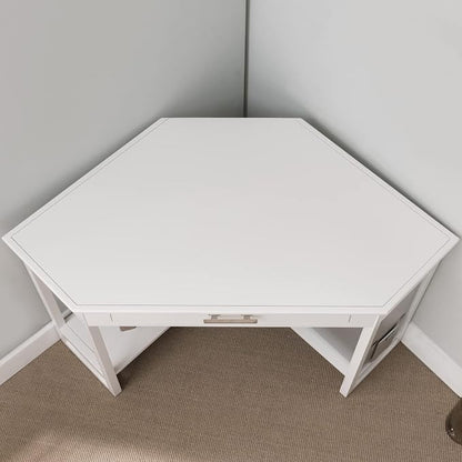 Leick Home Sage Corner Office Desk, Solid Wood, with Drop Front Keyboard Drawer, White, 85430