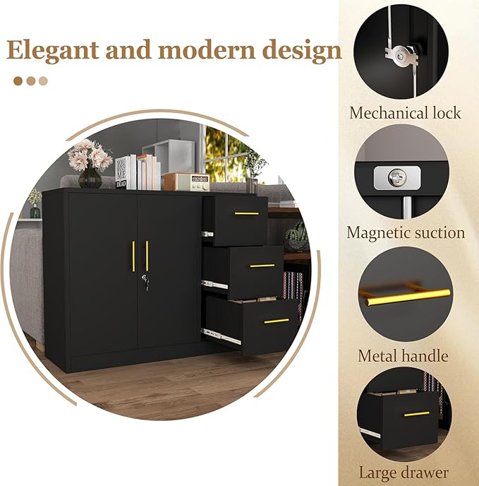 GAIOUS Lateral File Cabinet with 3 Drawers, Metal Storage Cabinet with Lock, Black Sideboard Buffet, Multi-Functional Accent Cabinets for Home Office Living Room Entryway