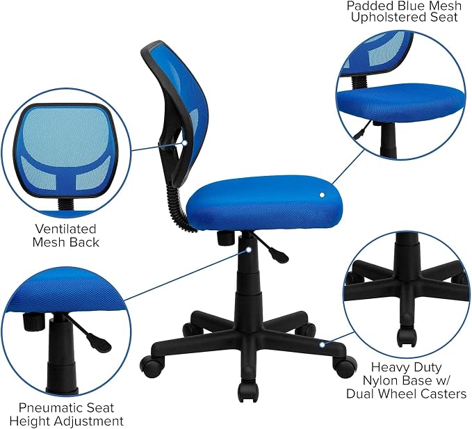 Flash Furniture Neri Low Back Blue Mesh Swivel Task Office Chair with Accordion Back Cover and Mesh Upholstered Seat