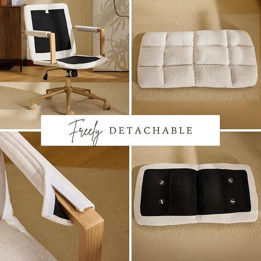 VINGLI Comfy Linen Office Desk Chair with Wheels & Detachable Cushions & Wood-Like Armrests,Swivel Small Computer Task Chair,Adjustable for Girl Makeup Vanity,Teen/Kids Study,Nail Tech,Sewing,White