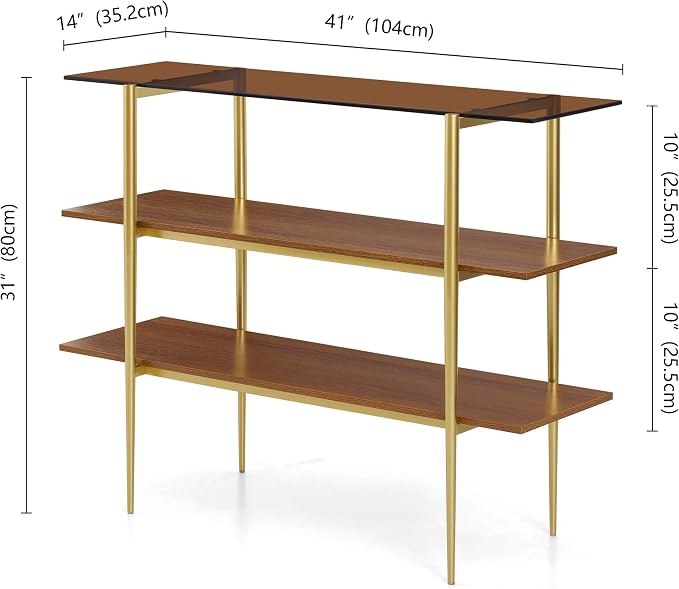LumFurn Glass Console Table for Living Room, Foyer & Entryway, L41 x W14 x H31 Inch, 3-Tier Mid-Century Modern Sofa Table with Amber Glass Top, Walnut Finish Wood Shelf and Gold Finish Frame