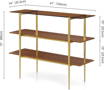 LumFurn Glass Console Table for Living Room, Foyer & Entryway, L41 x W14 x H31 Inch, 3-Tier Mid-Century Modern Sofa Table with Amber Glass Top, Walnut Finish Wood Shelf and Gold Finish Frame