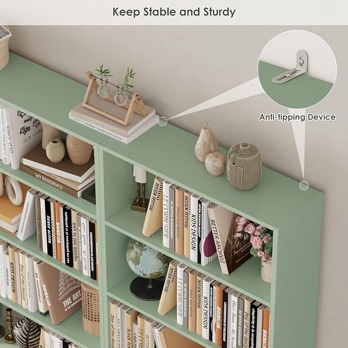 FOTOSOK 6-Tier Open Bookcase and Bookshelf, Freestanding Display Storage Shelves Tall Bookcase for Bedroom, Living Room and Office,Green Set of 2