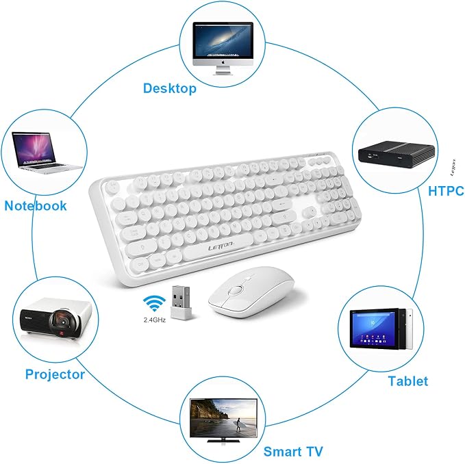 White Wireless Keyboard and Mouse Combo, Cute Bubble Keyboard with Round Keys,2.4Ghz Full Szie Aesthetic Minimalist Keyboard with Number Pad for PC Laptop Desktop