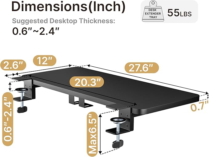 PEGZONE Desk Extender Tray, 28" x 12", with Laptop Holder, Large, Black | Desk Extension, Clamp on Desk Shelf, Clamp On Keyboard Tray for Office and Home, Workstation Organizer