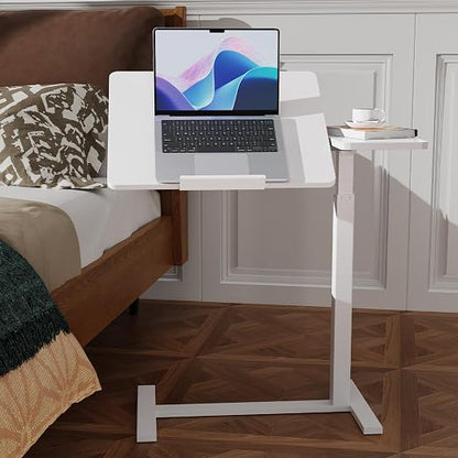 Simple Deluxe Overbed Bedside Table with Hidden Casters, Height Adjustable Desk with Tilting Top, Mobile Rolling Laptop Desk, Standing Rolling Desk Hospital Home Use, White