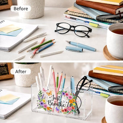 Just Breathe Acrylic Pen Holder Organizer with 3 Compartments, Colorful Floral & Butterfly Design, Desk Organizer for Pens, Makeup, Office Supplies, Cute Desk Accessories for Women Girls