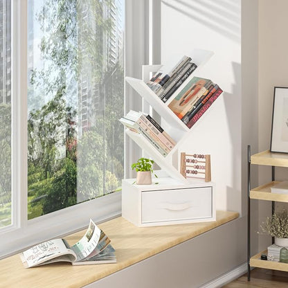SHEEPAM Small Bookshelf with Drawer,4 Tier Tree Book Shelf,Wood Desk Bookshelves,Modern Free Standing Desktop Display Shelves,White Floor Standing Organizer Bookcase for Living Room,Bedroom,Office