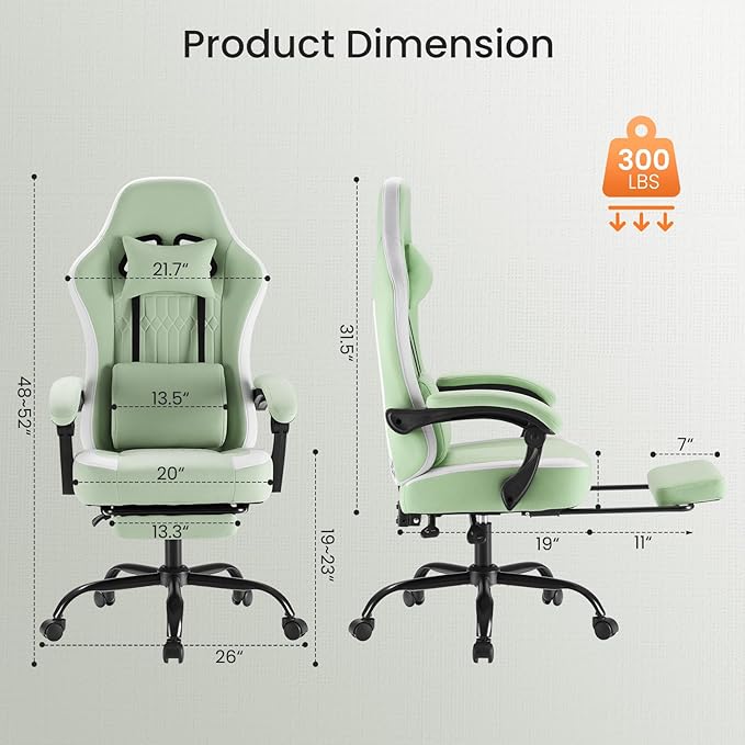 Sweetcrispy Computer Gaming Chair: High Back Ergonomic Desk Chair with Footrest and Lumbar Support, Height Adjustable with Linkage Armrests and Headrest, 360° Swivel Wheels, Fabric, Green