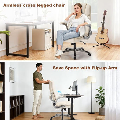 Office Chair with Flip up Arms, Ergonomic PU Leather Executive Office Chairs with Wheels, 90-120° Rocking Office Desk Chair with Lumbar Support, High Back Swivel Home Computer Chairs,Beige