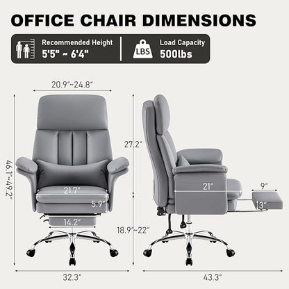 Comfortable Home Office Chair with Footrest 400lbs, Premium PU Leather Office Chair with High Back Adjustable Lumbar Support Double-Layered Armrests,Reclining Chairs,Gray