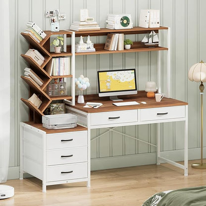 YOMILUVE Reversible Computer Desk with Hutch, Home Office Desk with 5 Drawers and Bookshelf, 52'' Study Writing Desk with Storage Shelves for Bedroom Home Office, Brown and White