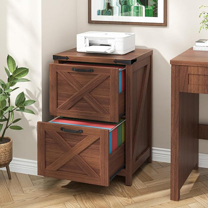 Halitaa 2 Drawer Small File Cabinet, Farmhouse Vertical Filing Cabinet Fits Letter and A4 Size, Under Desk Wooden File Cabinets for Home Office, Printer Stand, Walnut