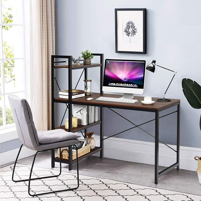 Tangkula Computer Desk with 4 Tier Shelves, Study Writing Desk with Storage Bookshelves, Modern Compact Home Office Workstation, 47.5" Tower Desk with Steel Frame & Adjustable Feet Pad, Teak