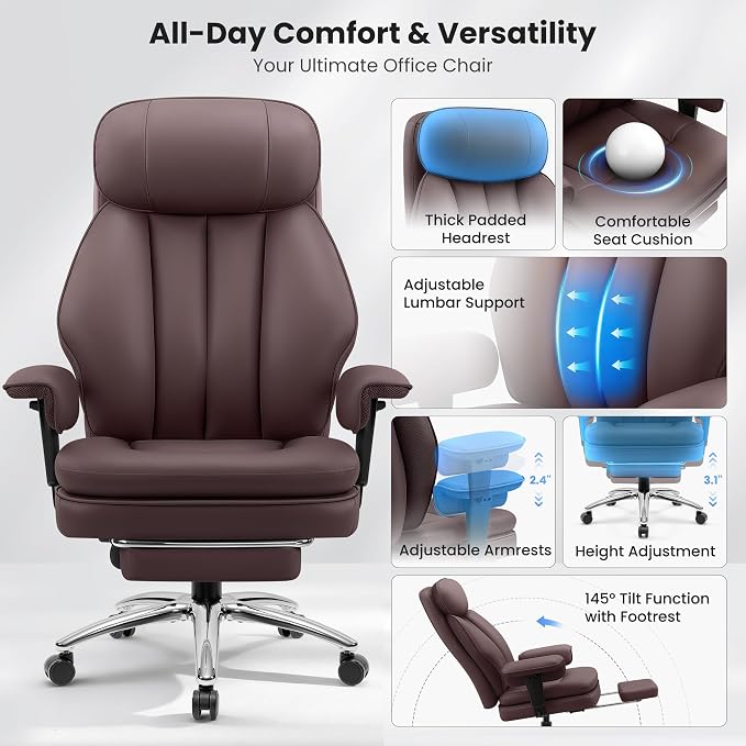 BestGlory Big and Tall Office Chair with Lumbar Support, Executive Leather Computer Desk Chair, Heavy Duty Comfortable Gaming Chair with Double Layer Cushion & Footrest for Home Office Gaming