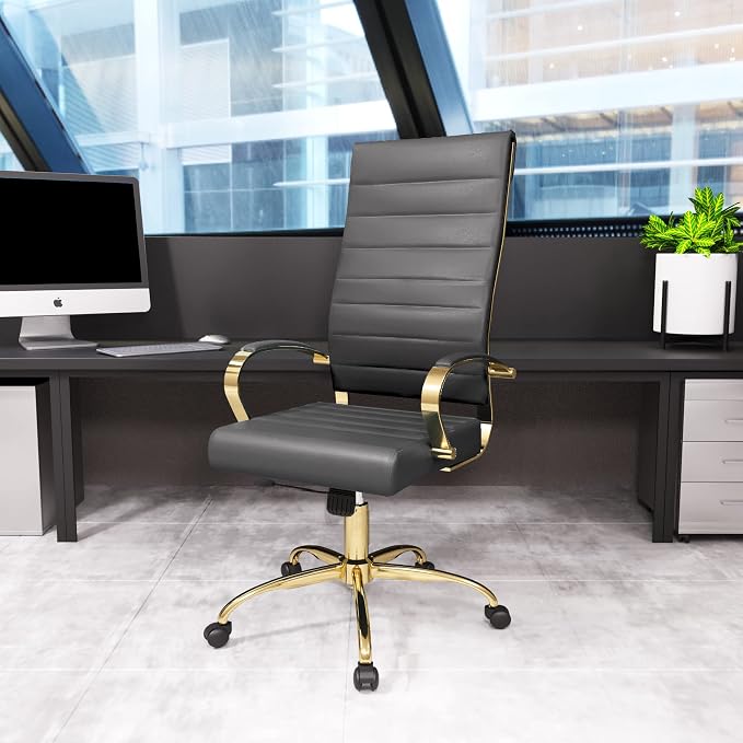 LeisureMod Modern High-Back Leather Office Chair - Swivel & Adjustable Executive Desk Chair with Gold Frame, Ergonomic Design for Home & Office (Grey, Single)