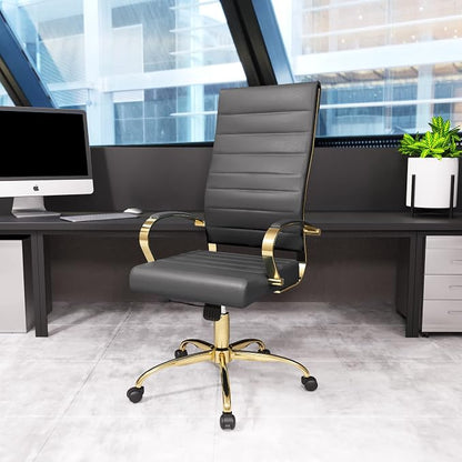 LeisureMod Modern High-Back Leather Office Chair - Swivel & Adjustable Executive Desk Chair with Gold Frame, Ergonomic Design for Home & Office (Grey, Single)