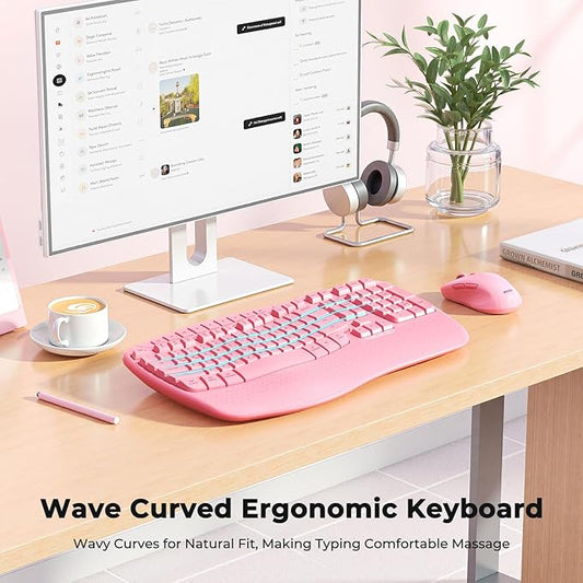 MEETION Ergonomic Keyboard and Mouse Wireless, Wave Keys Natural Typing, 2.4G Wireless Keyboard with Wrist Rest, 4 Adjustable DPI Mouse, Computer/Laptop/Windows/Mac, Pink