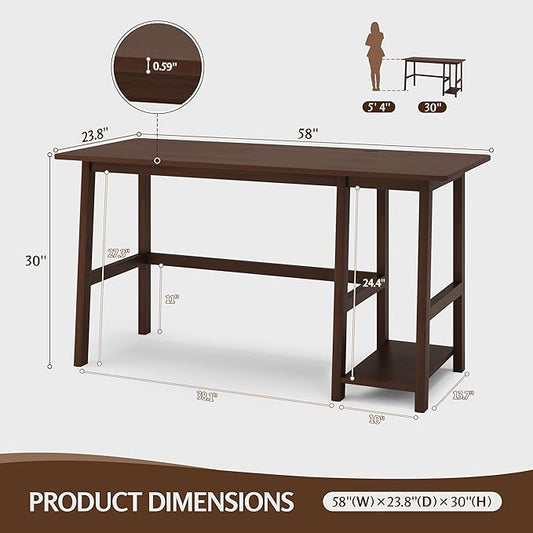 NELYE Solid Wood Computer Desk - 58" W x 24" D Modern Minimalist Table with Shelf，Sturdy Computer Workstation for Home Office, Walnut