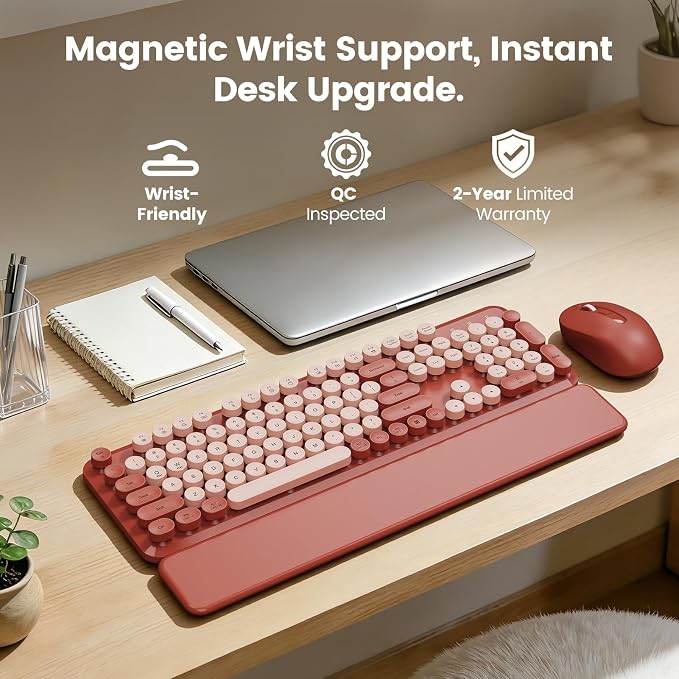Wireless Keyboard and Mouse Combo with Magnetic Wrist Rest, Round Keycaps, Full-Size Retro Typewriter-Style Keyboard, Two-Stage Tilt Legs, Auto-Sleep, 2.4GHz Wireless for Windows PC Laptop, Wine Red