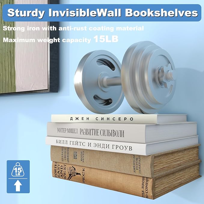 FENTEC Floating Book Shelves for Wall, Wall Mounted Floating Bookshelf, Heavy-Duty Hanging Bookshelves, Hidden Book Shelf Metal Wall Book Holder for Bedroom Living Room Home Office, 6-Pack Gray
