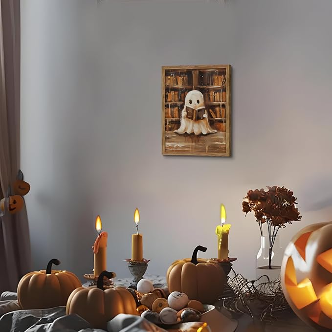 Framed Vintage Library Ghost Wall Art - Halloween Picture Decor, Cute Ghost Reading Books Canvas Print, Halloween Wall Decor for Living Room Bedroom Home Office, 12x16in Wood Frame