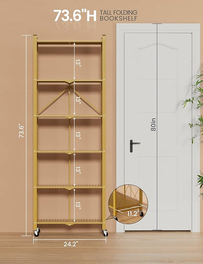 ALANNG 73.6 Inch Folding Bookshelf, 6 Tier Metal Bookcase and Bookshelves, Tall Shelves for Living Room Office Bedroom, Heavy Duty Book Shelve Free Standing Open (Gold, 2PACK)