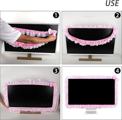 32"-38" Lovely Cute Computer Monitor Cover with Lovely Cute Elastic Pen Pocket Bow-knot TV LCD Screen Monitor Decoration Dust Cover Protector, Lace Fabric- Pink
