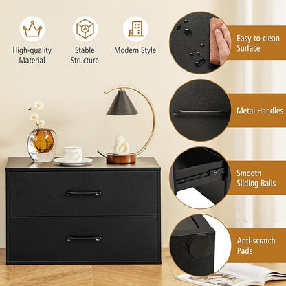 2 Drawer Lateral File Cabinet, Stackable Home Office Drawers, Under Desk Printer Stand, Low Storage Organizer, Horizontal Wooden Filing Cabinet for Study Living Room, No Wheels (1, Black)