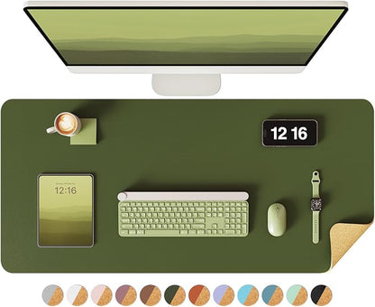 YSAGi Double-Sided Desk Pad, 35.4"x17"Leather Desk Mat, Eco Cork Desk Pad Protector,Large Mouse Pad,Waterproof Desk Blotter for Office/Home(Olive Green)