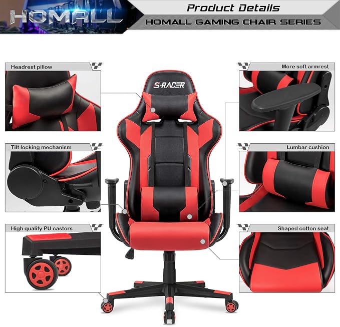 Homall Gaming Chair, Office Chair High Back Computer Chair Leather Desk Chair Racing Executive Ergonomic Adjustable Swivel Task Chair with Headrest and Lumbar Support (Red)