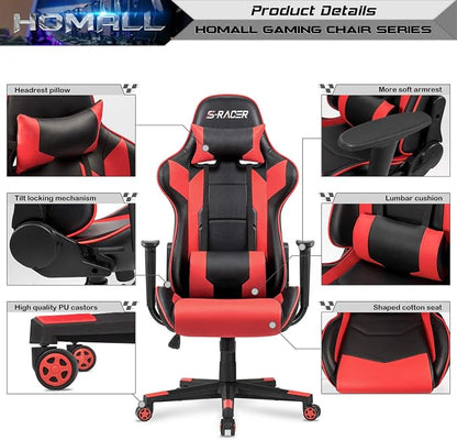 Homall Gaming Chair, Office Chair High Back Computer Chair Leather Desk Chair Racing Executive Ergonomic Adjustable Swivel Task Chair with Headrest and Lumbar Support (Red)