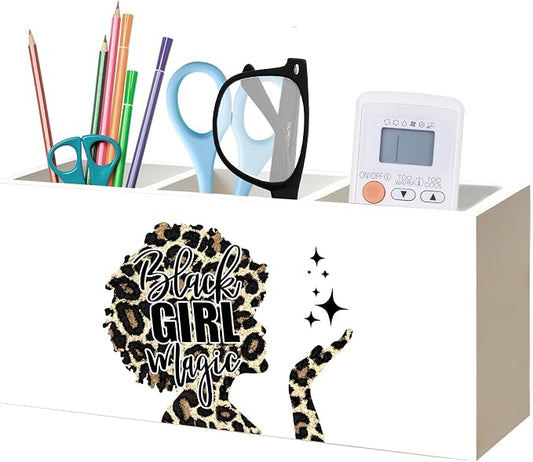 Black Girl Magic Leopard Print Makeup Brush Toothbrush Holder for African American Women, Black Women Empowerment Cheetah Print Wood Signs Pen Pencil Holder Organizer Desk Accessories