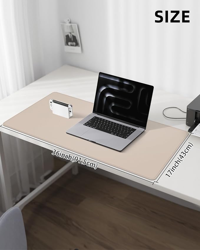 Leather Desk Protector, Large Mouse Pad, Non-Slip, Waterproof PU Leather Blotter Mat, Desk Cover for Office and Home (Beige, 36" x 17")