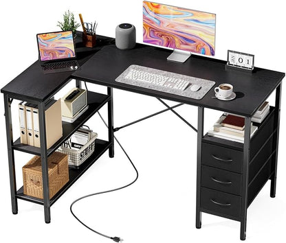 DUMOS L Shaped Desk with Shelf Drawers 47 Inch, Black Corner Computer Desks Gaming with Power Outlet, Study Table with Adjustable Shelves, Home Office Tables for Bedroom Teacher Reading Writing
