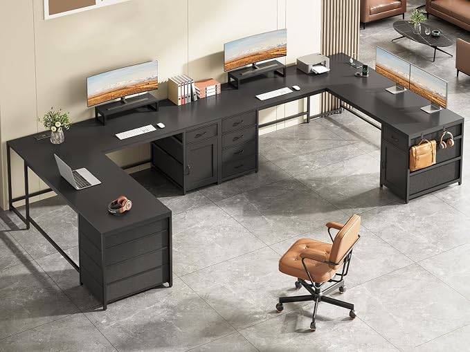 SEDETA L Shaped Desk, 63'' Corner Desk with 5 Drawer & Power Outlet, Larger Home Office Desk or Gaming Desk, L Shaped Corner Desk with Monitor Shelf, Storage Cabinet, Black