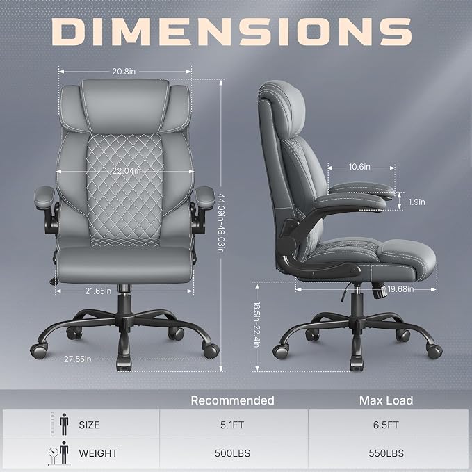 Office Chair-Executive High Back Breathable Big and Tall Office Chair Flip-up Armrests Lumbar Support-Ergonomic Leather Rolling Swivel Chair with Rock Function for Working Studying Gaming,2 Pack