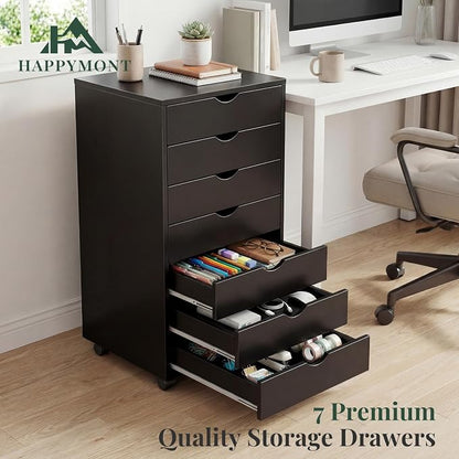 Mobile File Cabinet Under Desk, 7 Drawer Storage Organization with Wheels, Vertical Filing Chest Rolling Wood Small Desk Printer Stand for Home Office, 15.75" D x 18.74" W x 34.25" H